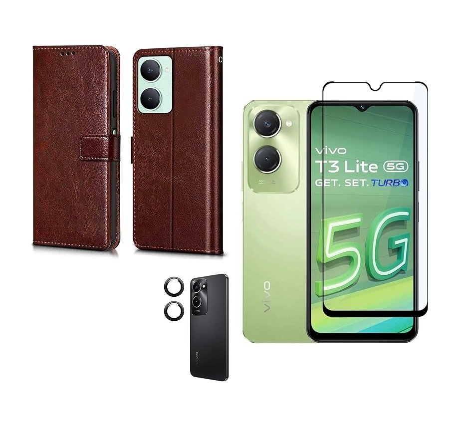 3 in 1 Combo Pack for Vivo T3 Lite 5G – Flip Brown (Back Cover + Camera Lens Protector + Tempered Glass)
