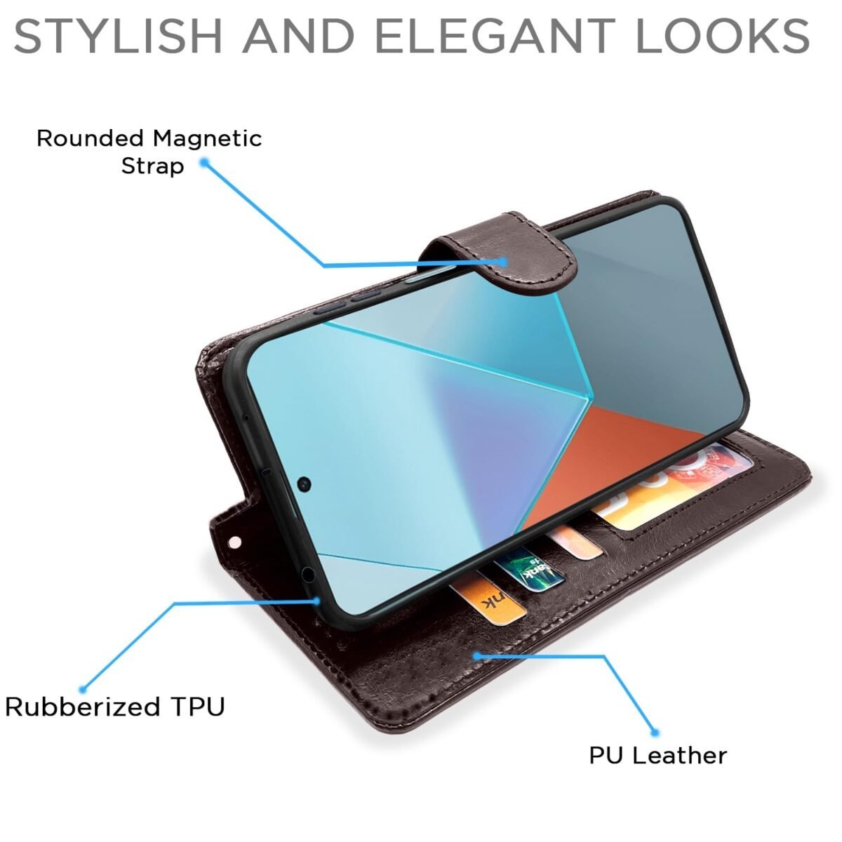 Redmi Note 13 5G Flip Cover Leather Finish | Inside TPU with Card Pockets | Wallet Stand and Shock Proof | Complete Protection Flip Case (Coffee)