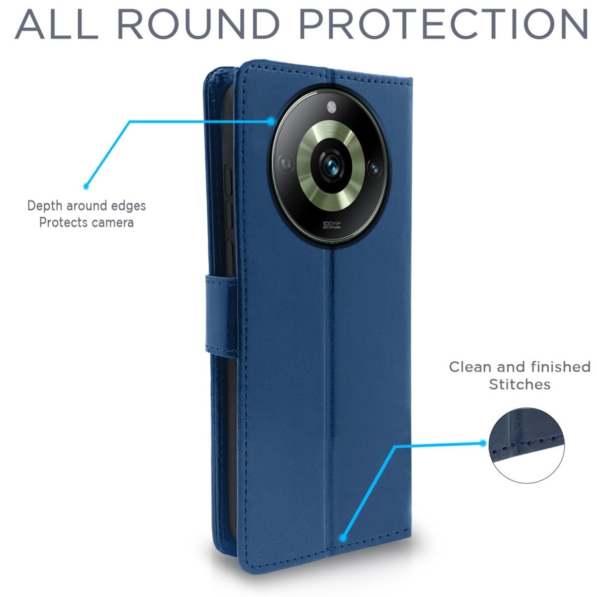 Realme 11 Pro / 11 Pro Plus 5G / Narzo 60 Pro 5G Flip Cover Leather Finish | Inside TPU with Card Pockets | Wallet Stand and Shock Proof | Complete Protection Flip Case (Blue)