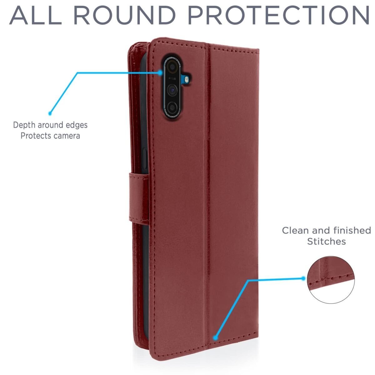 Realme C3 Flip Case Leather Finish | Inside TPU with Card Pockets | Wallet Stand and Shock Proof | Magnetic Closing | Complete Protection Flip Cover for Realme C3 (Brown)