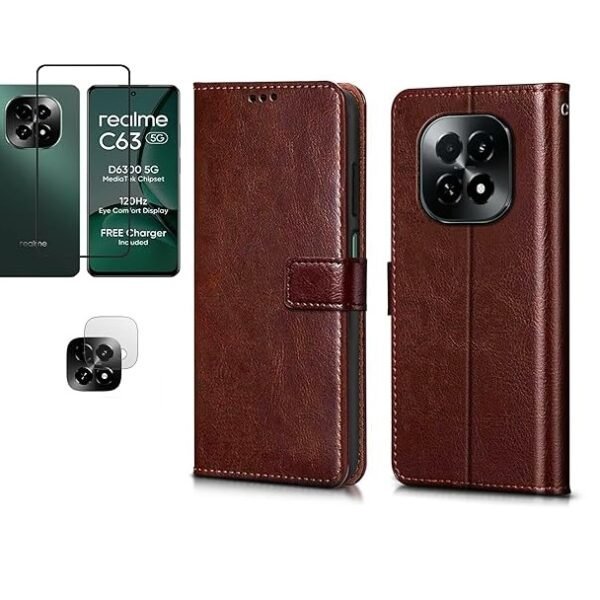 3 in 1 Combo Pack for Realme C63 5G – Flip Brown (Back Cover + Camera Lens Protector + Tempered Glass)