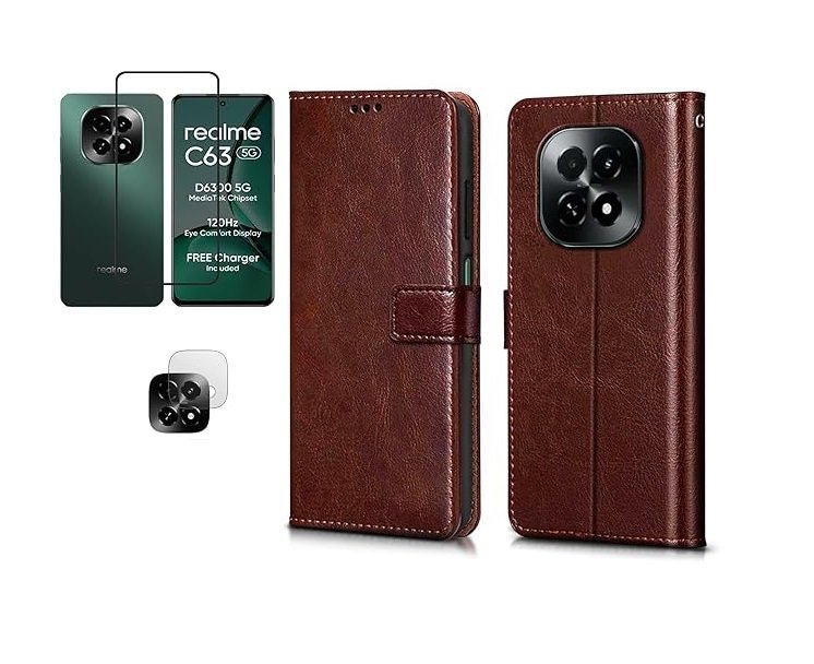 3 in 1 Combo Pack for Realme C63 5G – Flip Brown (Back Cover + Camera Lens Protector + Tempered Glass)