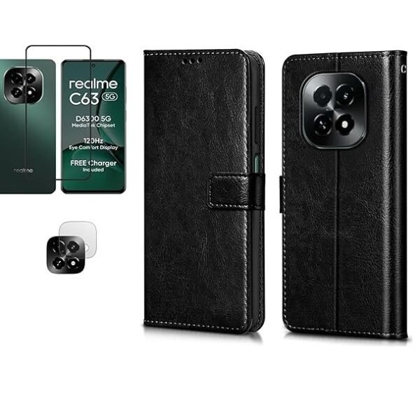 3 in 1 Combo Pack for Realme C63 5G – Flip Black (Back Cover + Camera Lens Protector + Tempered Glass)
