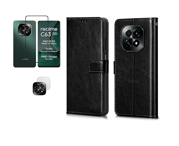 3 in 1 Combo Pack for Realme C63 5G – Flip Black (Back Cover + Camera Lens Protector + Tempered Glass)