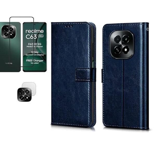 3 in 1 Combo Pack for Realme C63 5G – Flip Blue (Back Cover + Camera Lens Protector + Tempered Glass)