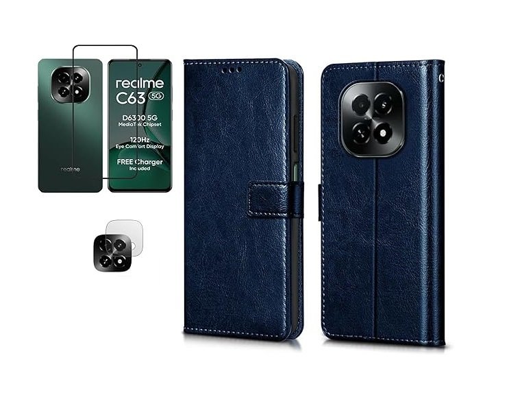 3 in 1 Combo Pack for Realme C63 5G – Flip Blue (Back Cover + Camera Lens Protector + Tempered Glass)