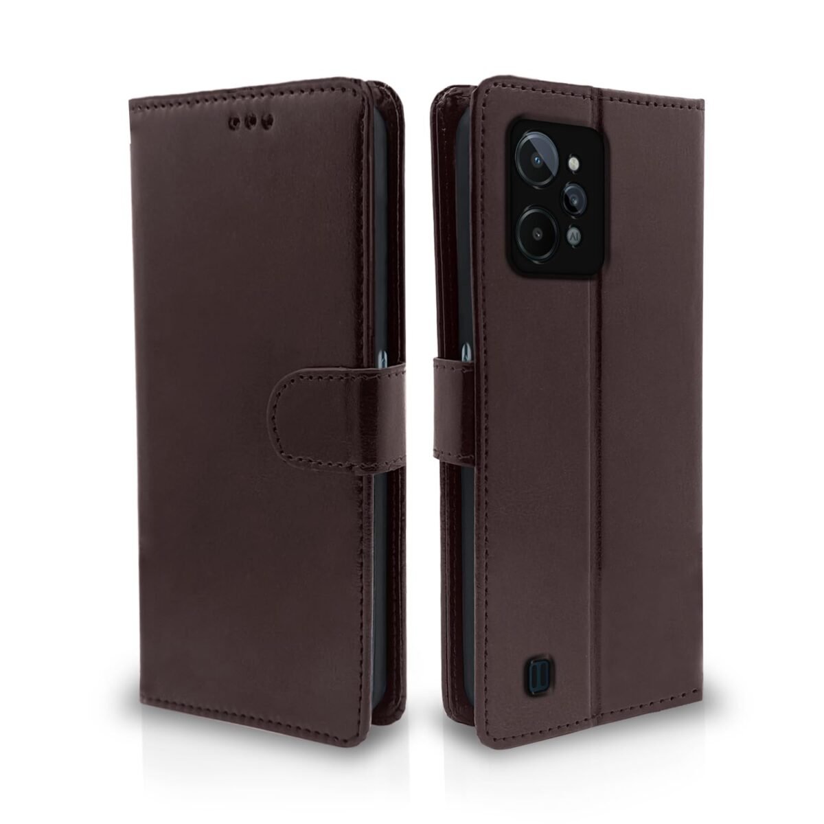 Realme C31 Flip Cover Leather Finish | Inside TPU with Card Pockets | Wallet Stand and Shock Proof | Complete Protection Flip Case (Coffee)