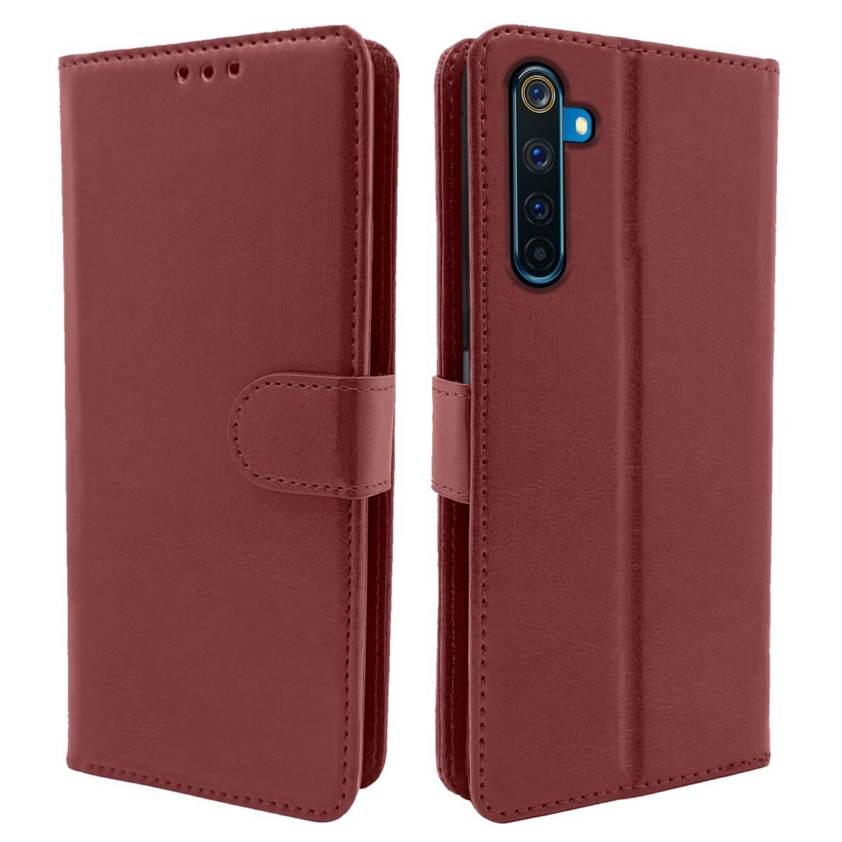 Realme 6 Pro Flip Case Leather Finish | Inside TPU with Card Pockets | Wallet Stand and Shock Proof | Magnetic Closing | Complete Protection Flip Cover for Realme 6 Pro (Brown)