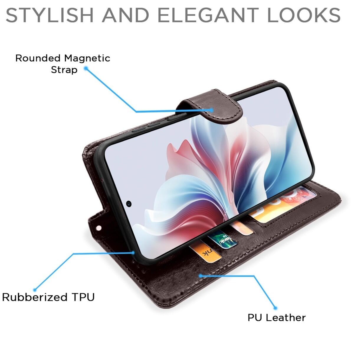 Oppo F25 Pro 5G Flip Cover Leather Finish | Inside TPU with Card Pockets | Wallet Stand and Shock Proof | Complete Protection Flip Case (Coffee)