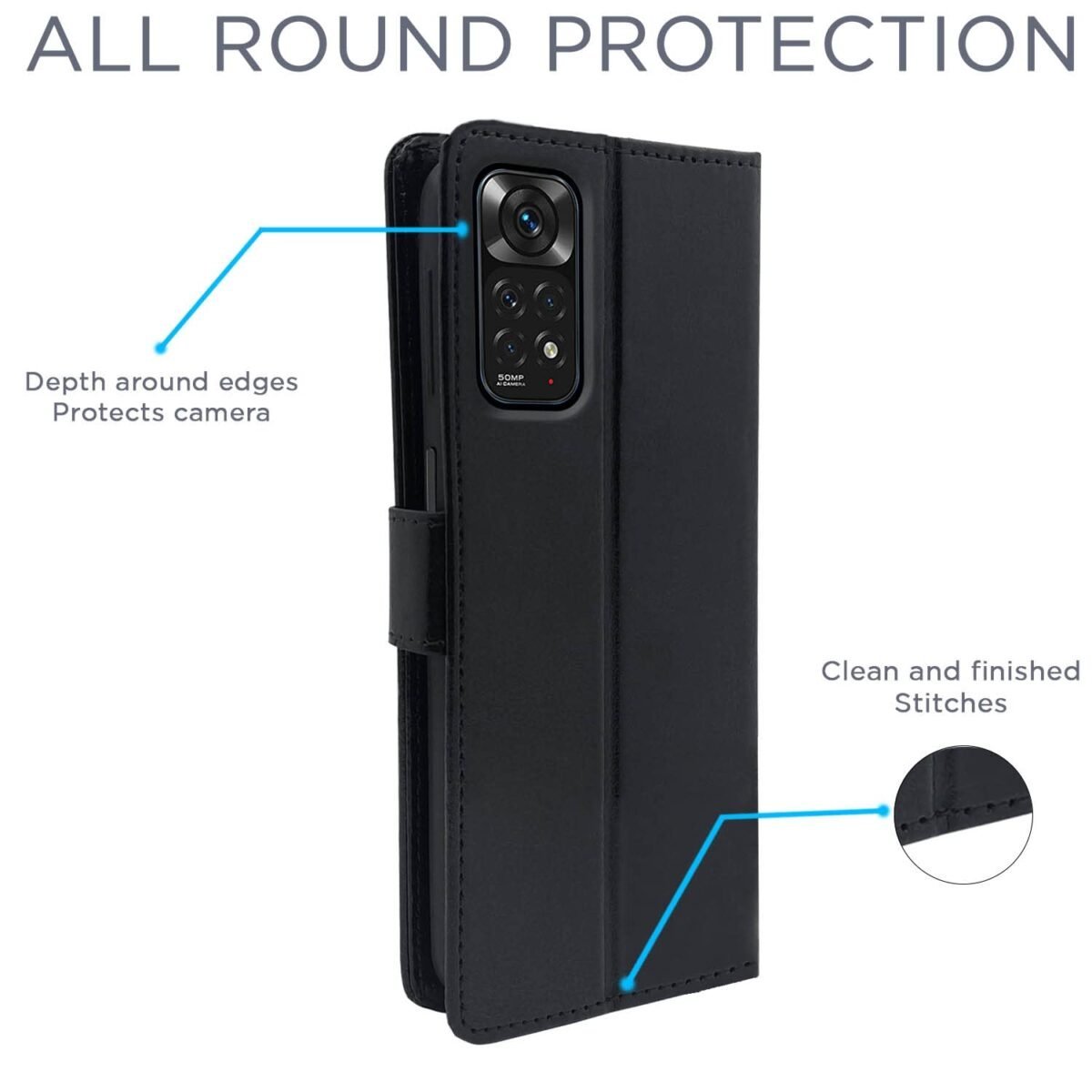 Mi Redmi Note 11 / Note 11s Flip Cover | PU Leather Finish | 360 Protection | Wallet & Stand | Strong Magnetic Flip Case for Mi Redmi Note 11 / Note 11s (Black)