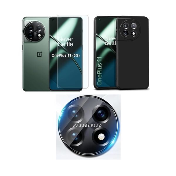 Combo pack for OnePlus 11 5G back case cover | Silicone Black case cover Camera Lens Protector & Tempered Screen Glass.