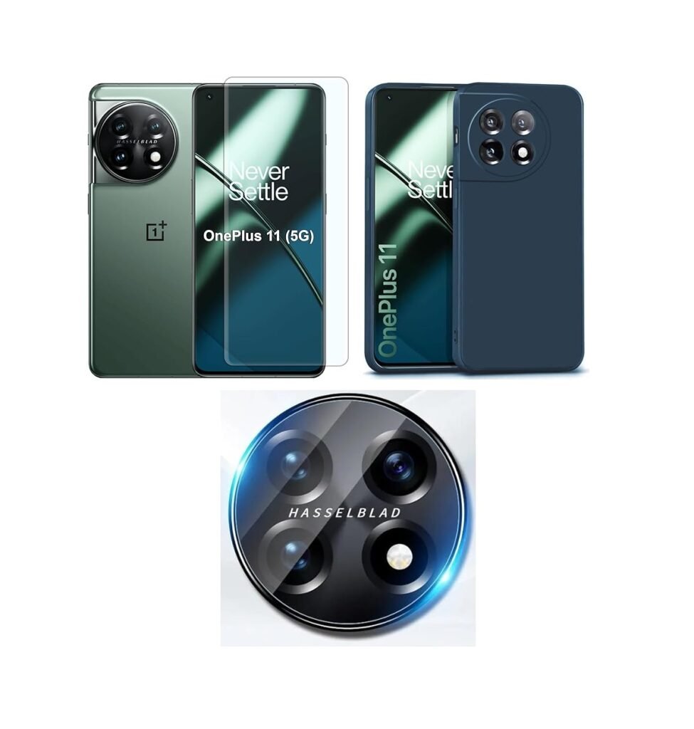 Combo pack for OnePlus 11 5G back case cover | Silicone Blue case cover Camera Lens Protector & Tempered Screen Glass.