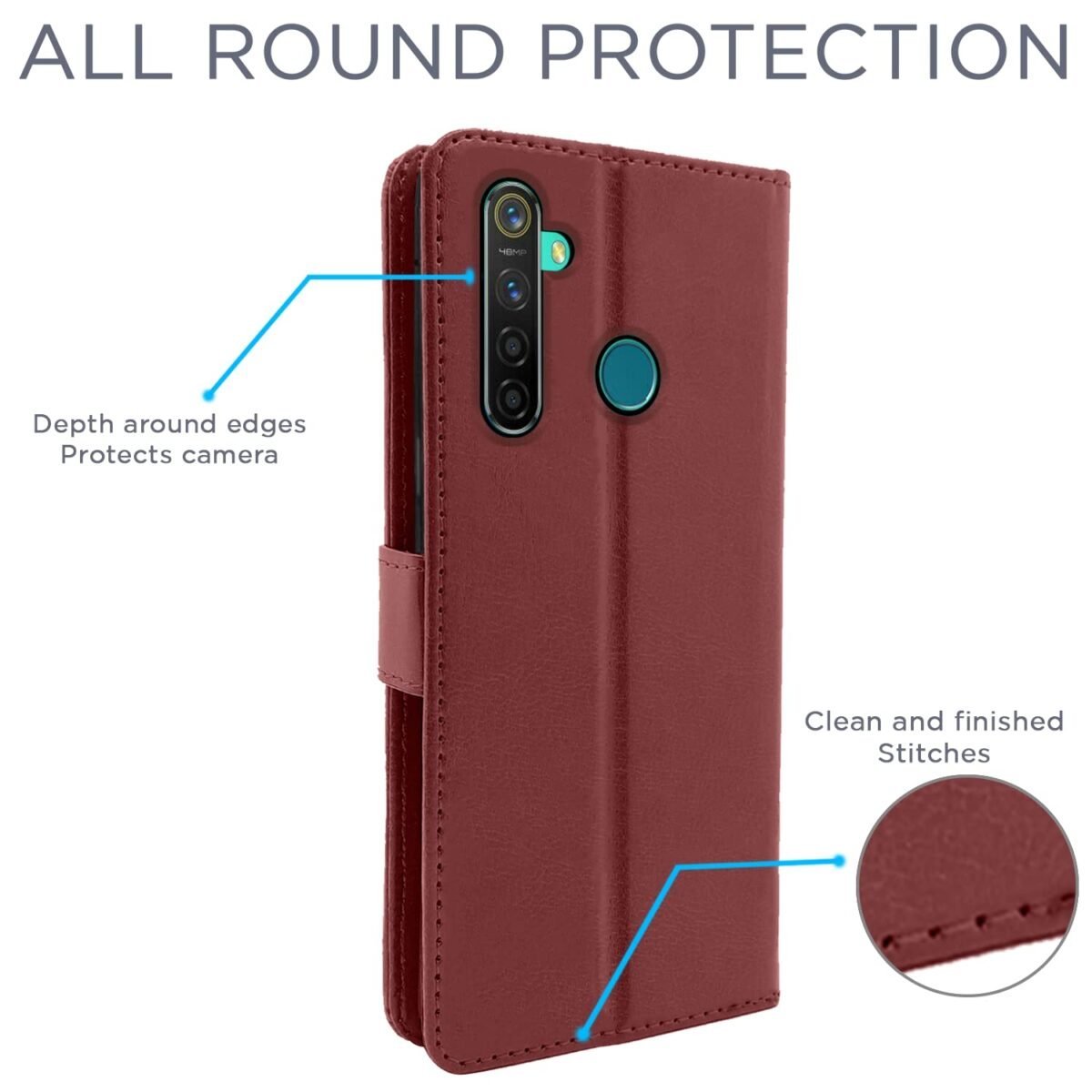Realme 5 Pro Flip Case Leather Finish | Inside TPU with Card Pockets | Wallet Stand and Shock Proof | Magnetic Closing | Complete Protection Flip Cover for Realme 5 Pro (Brown)