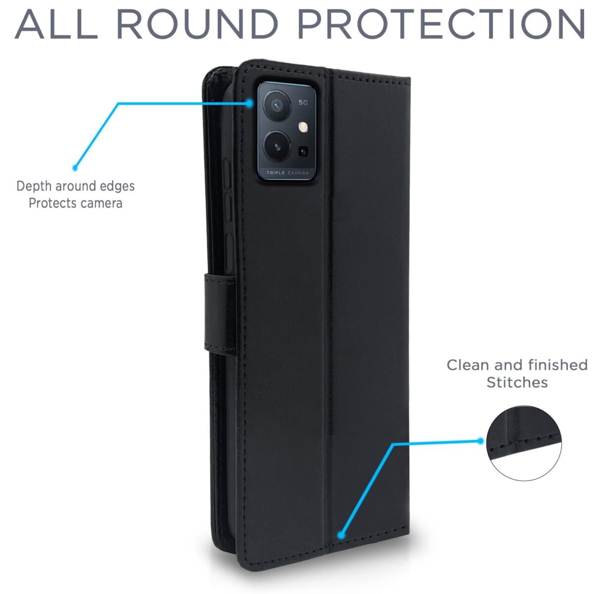 Vivo T1 5G / Vivo Y75 5G / iQOO Z6 5G Flip Cover | PU Leather Finish | 360 Protection | Wallet & Stand | Strong Magnetic Flip Case for Vivo T1 5G / Vivo Y75 5G / iQOO Z6 5G (Black)