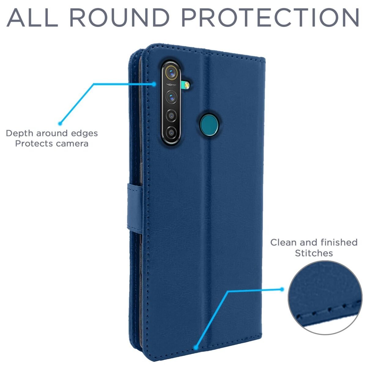 Realme 5 Pro Flip Case Leather Finish | Inside TPU with Card Pockets | Wallet Stand and Shock Proof | Magnetic Closing | Complete Protection Flip Cover for Realme 5 Pro (Blue)