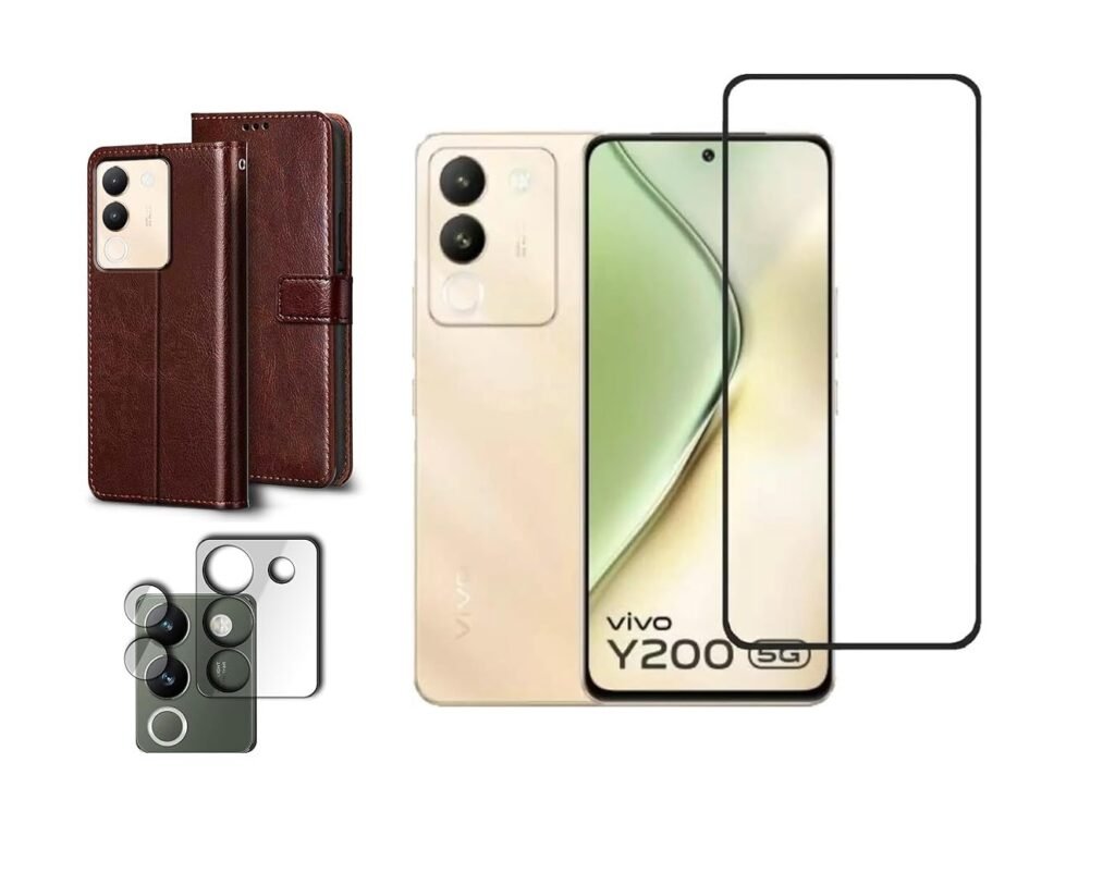 3 in 1 Combo Pack for Vivo Y200 5G – Flip Brown (Back Cover + Camera Lens Protector + Tempered Glass)