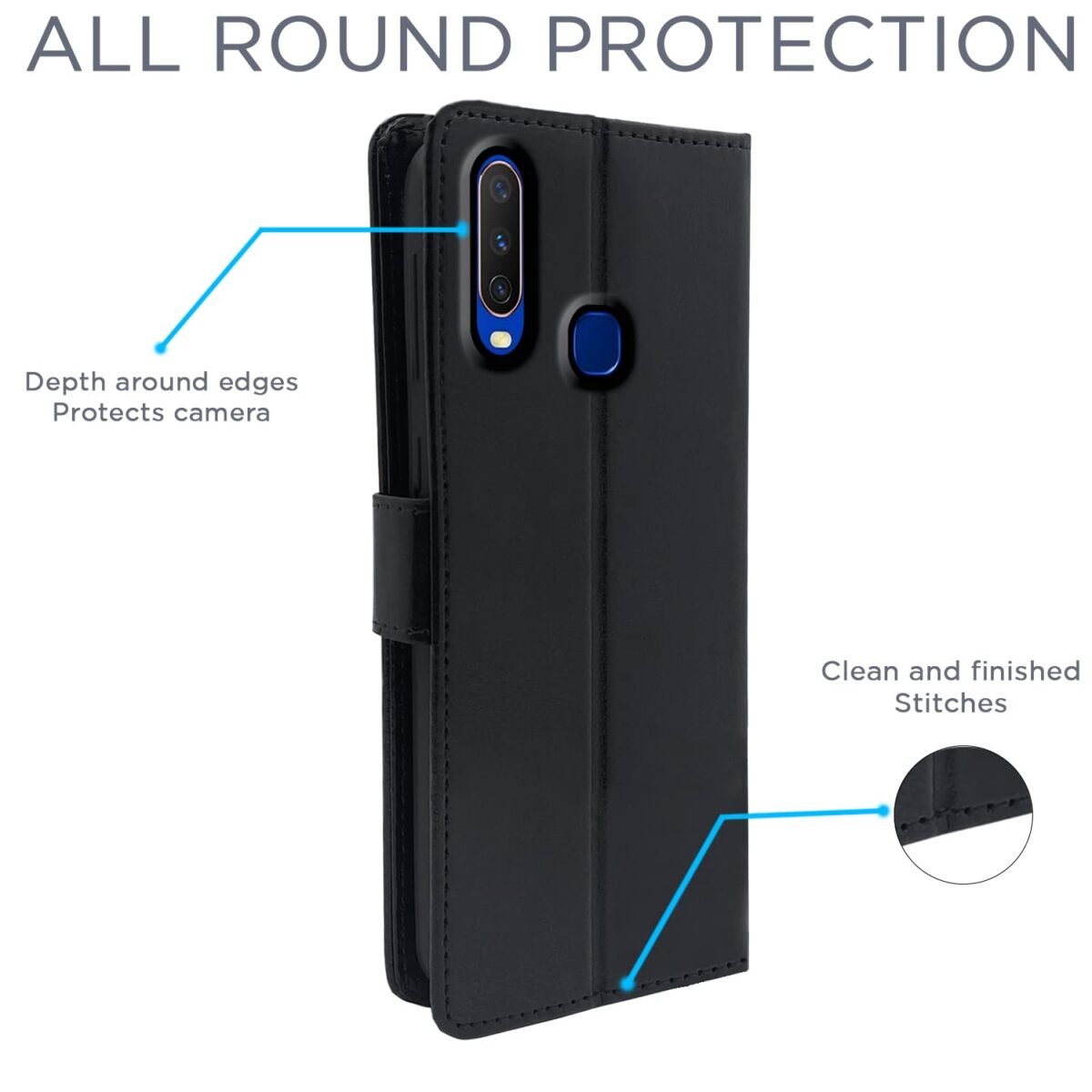 Vivo Y12 / Y15 / Y17 / U10 Flip Case | Vintage Leather Finish | Inside TPU with Card Pockets | Wallet Stand | Magnetic Closing | Flip Cover for Vivo Y12 / Y15 / Y17 / U10 (Black)