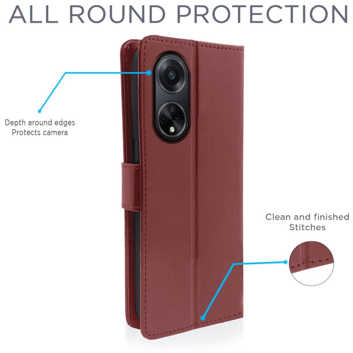 Oppo F23 5G Flip Cover Leather Finish | Inside TPU with Card Pockets | Wallet Stand and Shock Proof | Complete Protection Flip Case (Brown)