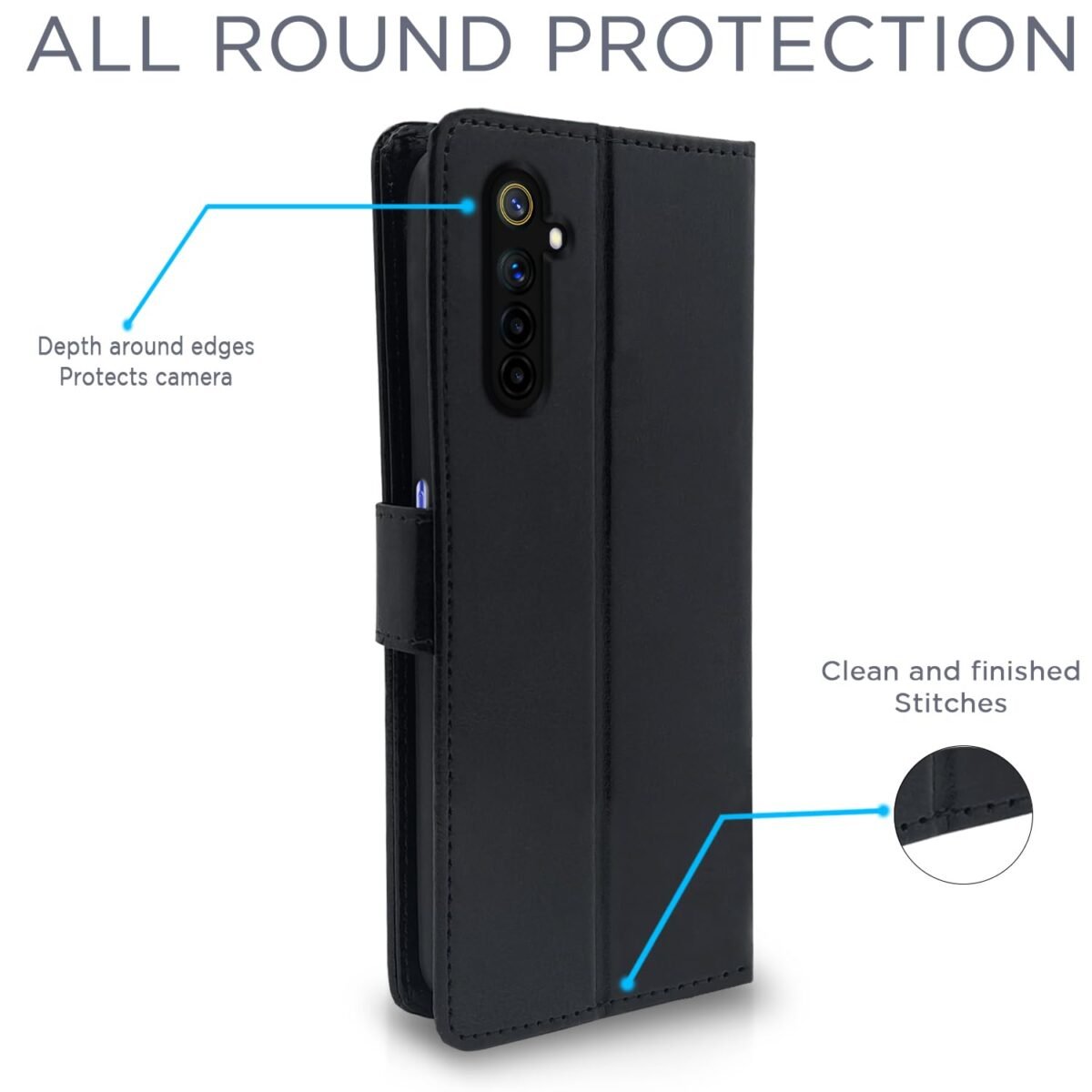 Realme 6 / 6i Flip Case Leather Finish | Inside TPU with Card Pockets | Wallet Stand and Shock Proof | Magnetic Closing | Complete Protection Flip Cover for Realme 6 / 6i (Black)