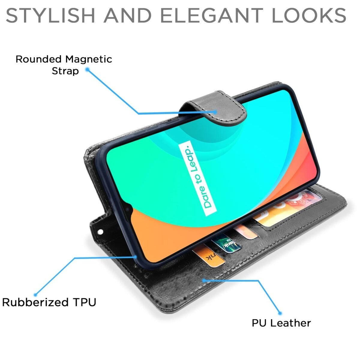 Realme C20 Flip Case Leather Finish | Inside TPU with Card Pockets | Wallet Stand and Shock Proof | Magnetic Closing | Complete Protection Flip Cover for Realme C20 (Black)