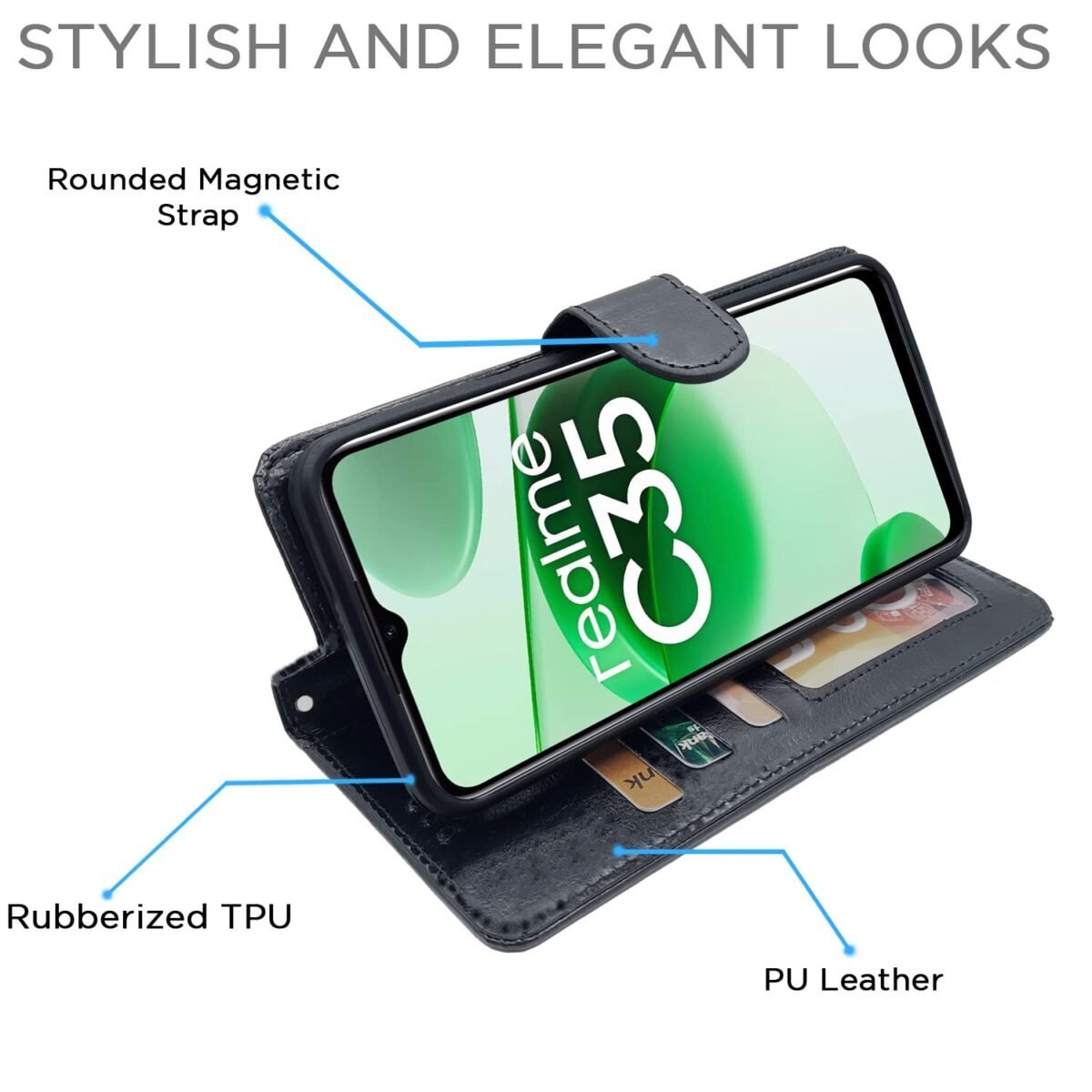 Realme C35 Flip Cover | PU Leather Finish | 360 Protection | Wallet & Stand | Strong Magnetic Flip Case for Realme C35 (Black)
