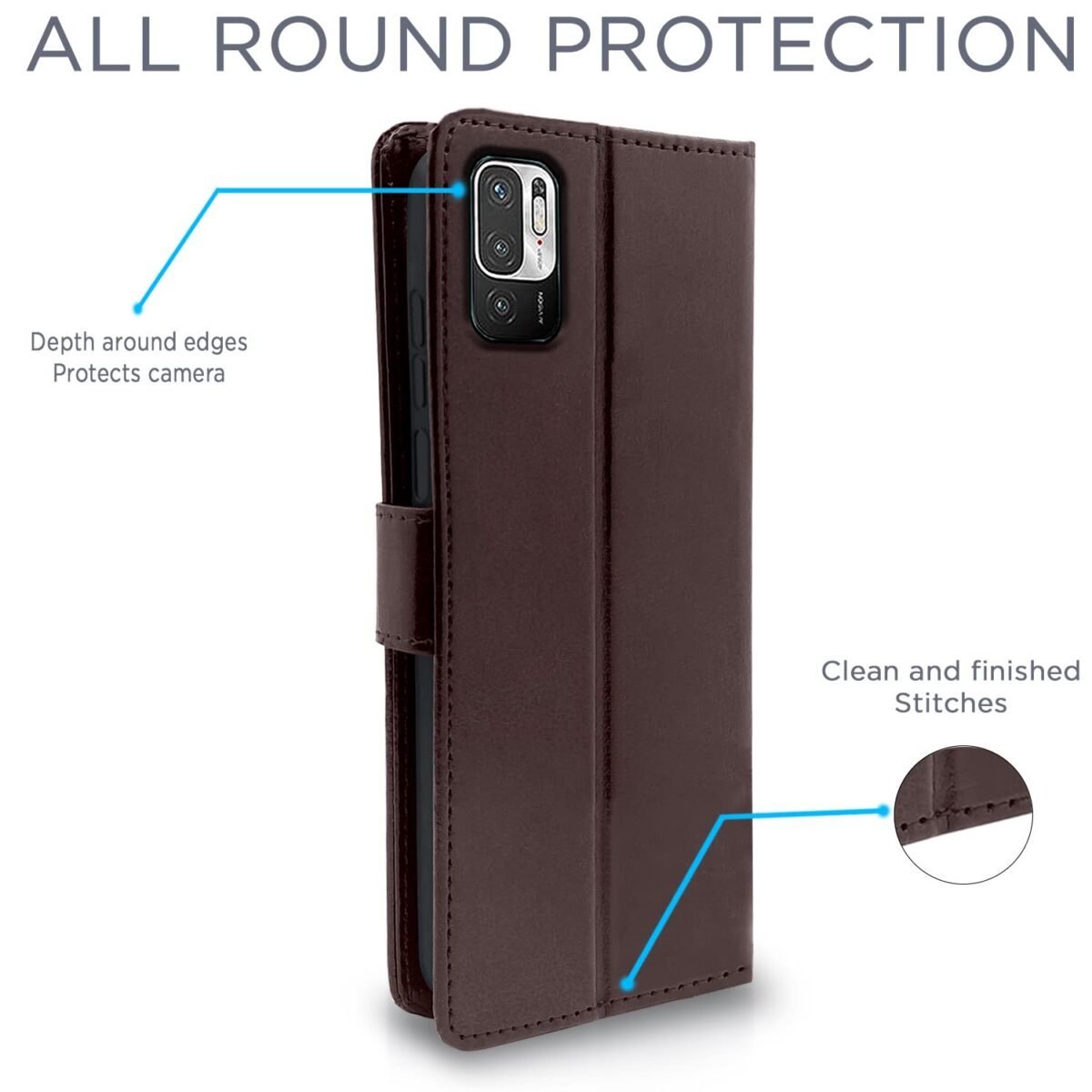 Mi Redmi Note 10T 5G / Poco M3 Pro 5G Flip Case Leather Finish | Inside TPU with Card Pockets | Wallet Stand and Shock Proof | Magnetic Closing | Complete Protection Flip Cover (Coffee)