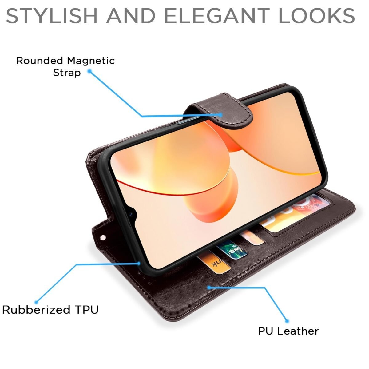 Realme C31 Flip Cover Leather Finish | Inside TPU with Card Pockets | Wallet Stand and Shock Proof | Complete Protection Flip Case (Coffee)
