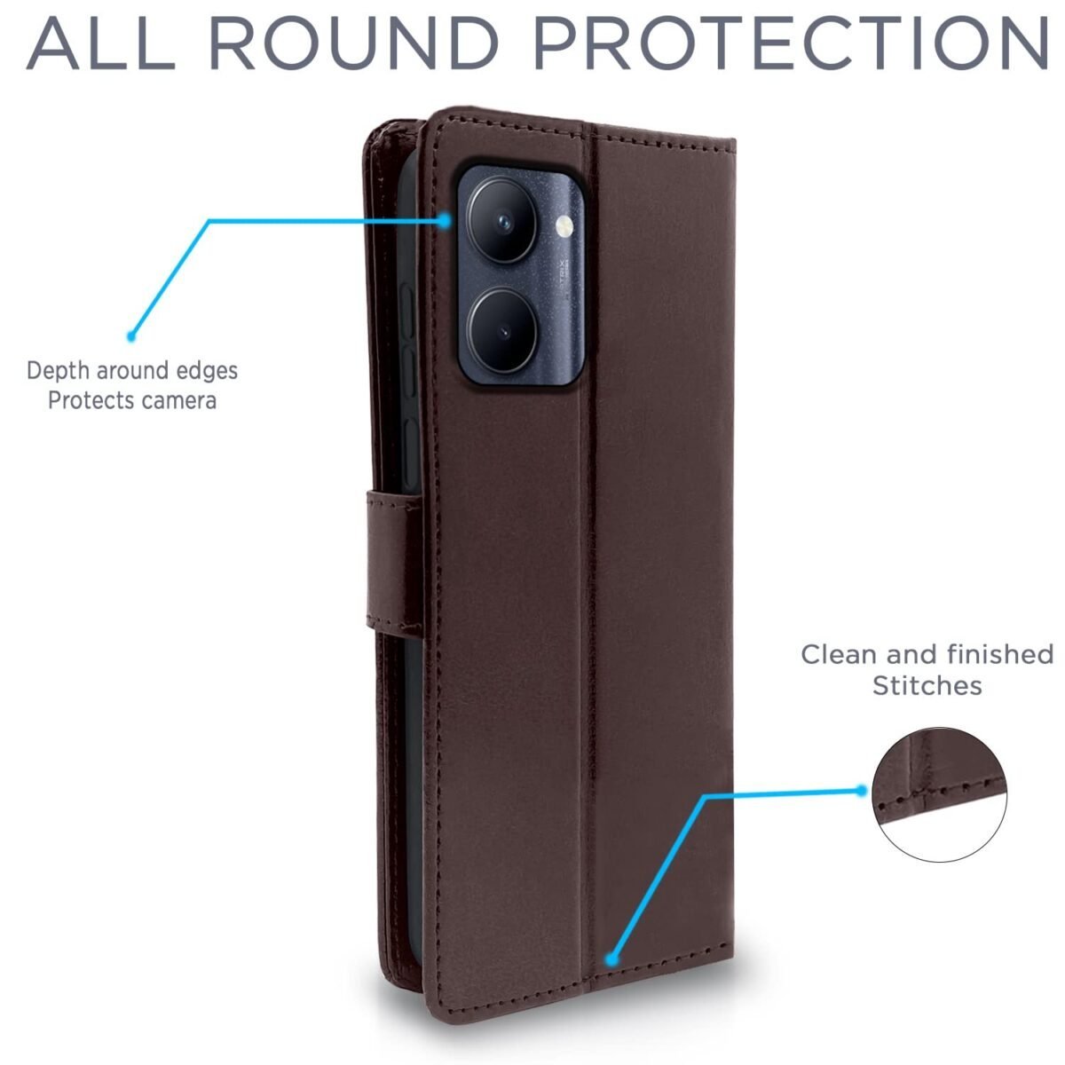 Realme C33 Flip Case Leather Finish | Inside TPU with Card Pockets | Wallet Stand and Shock Proof | Magnetic Closing | Complete Protection Flip Cover (Coffee)