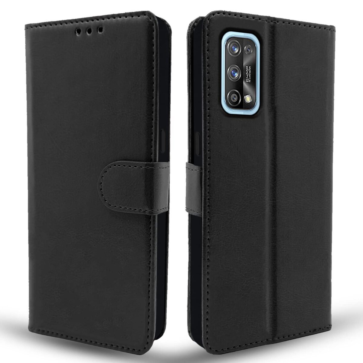 Realme 7 Pro Flip Case Leather Finish | Inside TPU with Card Pockets | Wallet Stand and Shock Proof | Magnetic Closing | Complete Protection Flip Cover for Realme 7 Pro (Black)