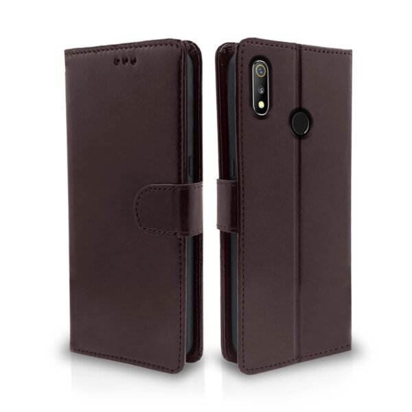 Realme 3 / 3i Flip Case Leather Finish | Inside TPU with Card Pockets | Wallet Stand and Shock Proof | Magnetic Closing | Complete Protection Flip Cover for Realme 3 / 3i (Coffee)