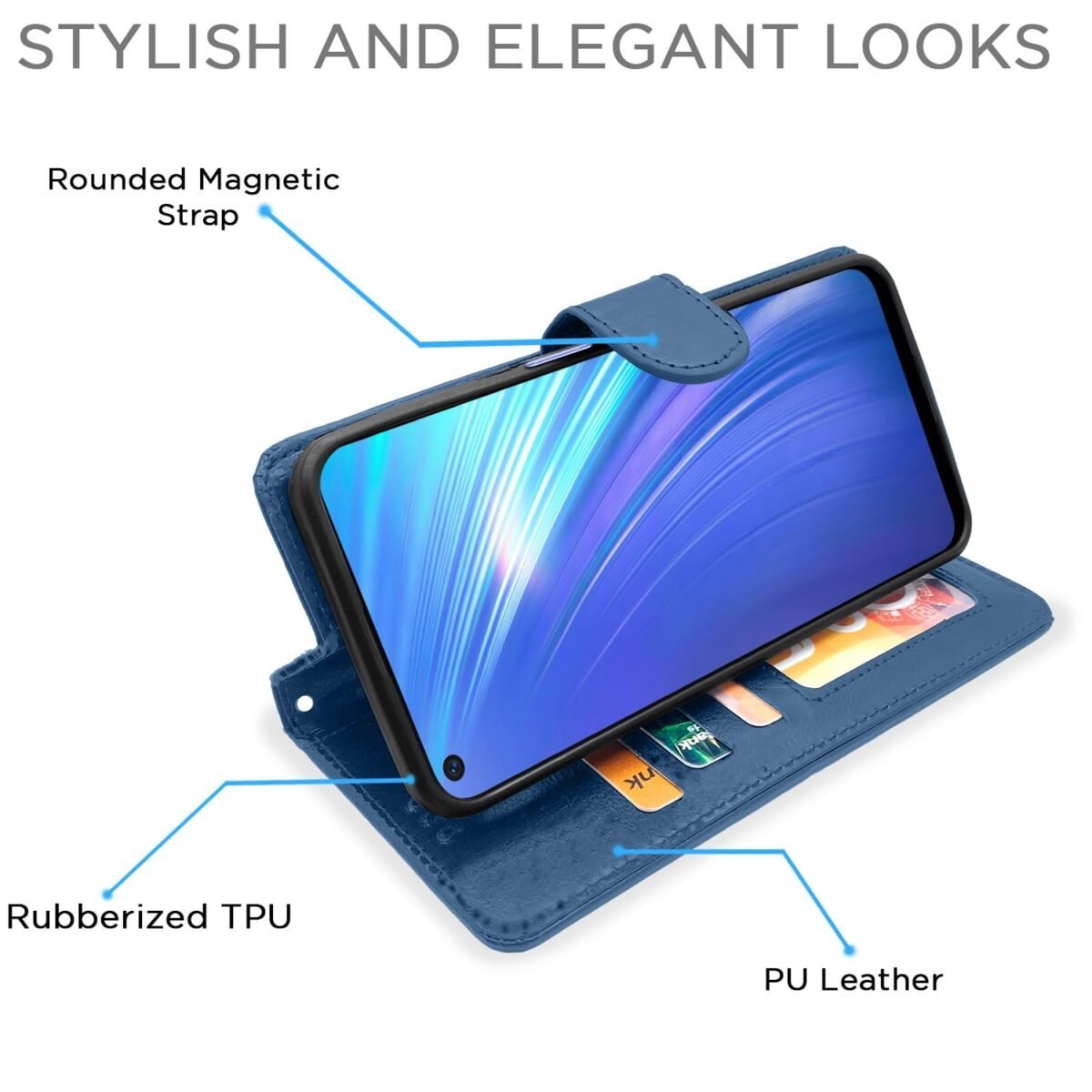 Realme 6 Flip Case Leather Finish | Inside TPU with Card Pockets | Wallet Stand and Shock Proof | Magnetic Closing | Complete Protection Flip Cover for Realme 6 (Blue)