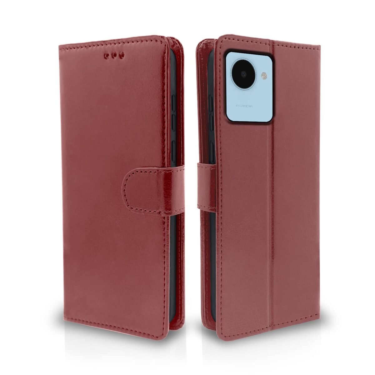 Realme C30 / Narzo 50i Prime Flip Case Leather Finish | Inside TPU with Card Pockets | Wallet Stand and Shock Proof | Magnetic Closing | Complete Protection Flip Cover (Brown)