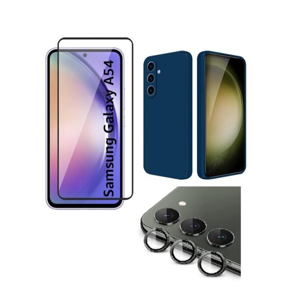 Combo pack for Basic Case for Samsung Galaxy A54 5G | Silicone Blue Cover | Camera Lens Protector & Tempered Screen Glass.