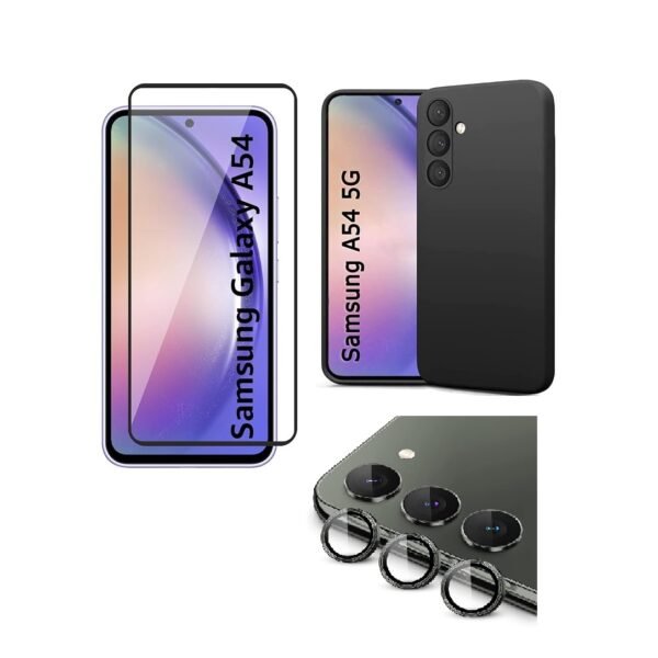 Combo pack for Basic Case for Samsung Galaxy A54 5G | Silicone Black Cover | Camera Lens Protector & Tempered Screen Glass.