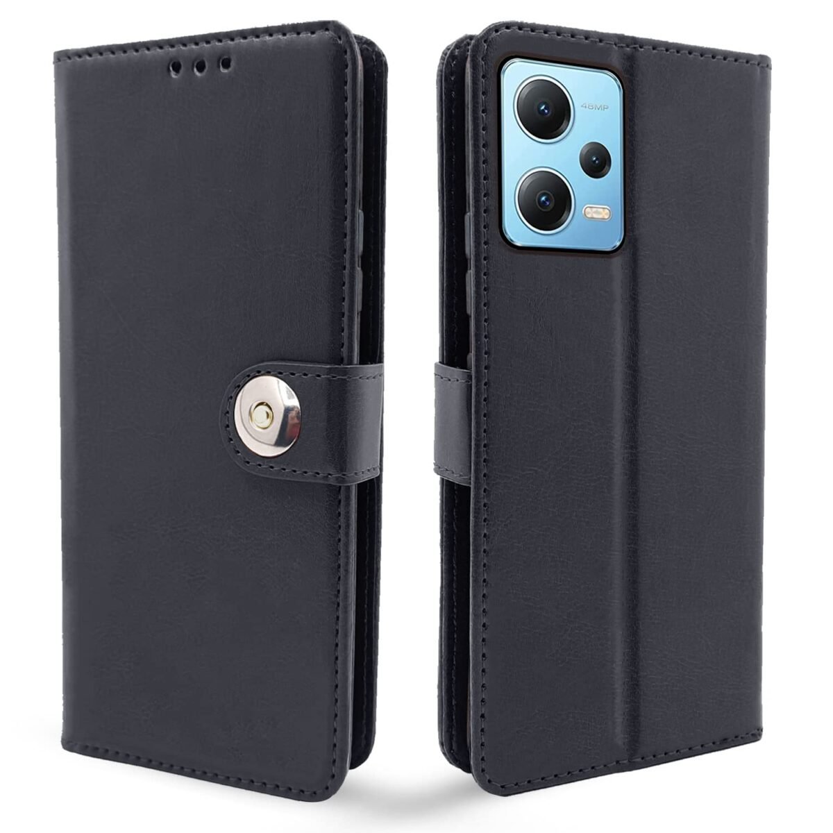 Redmi Note 12 Pro 5G Flip Cover Leather Finish | Inside TPU with Card Pockets | Wallet Stand and Shock Proof | Complete Protection Flip Case (Button Black)