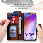 Shock Proof Flip Cover Back Case Cover for Vivo Y16 | Vivo Y56 | Vivo T2X (Flexible | Leather Finish | Card Pockets Wallet & Stand | Chestnut Brown)