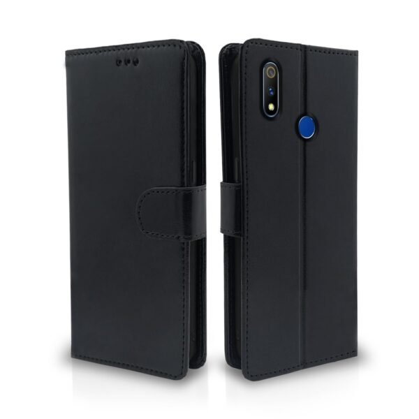 Realme 3 Pro Flip Cover Leather Finish | Inside TPU with Card Pockets | Wallet Stand and Shock Proof | Complete Protection Flip Case (Black)