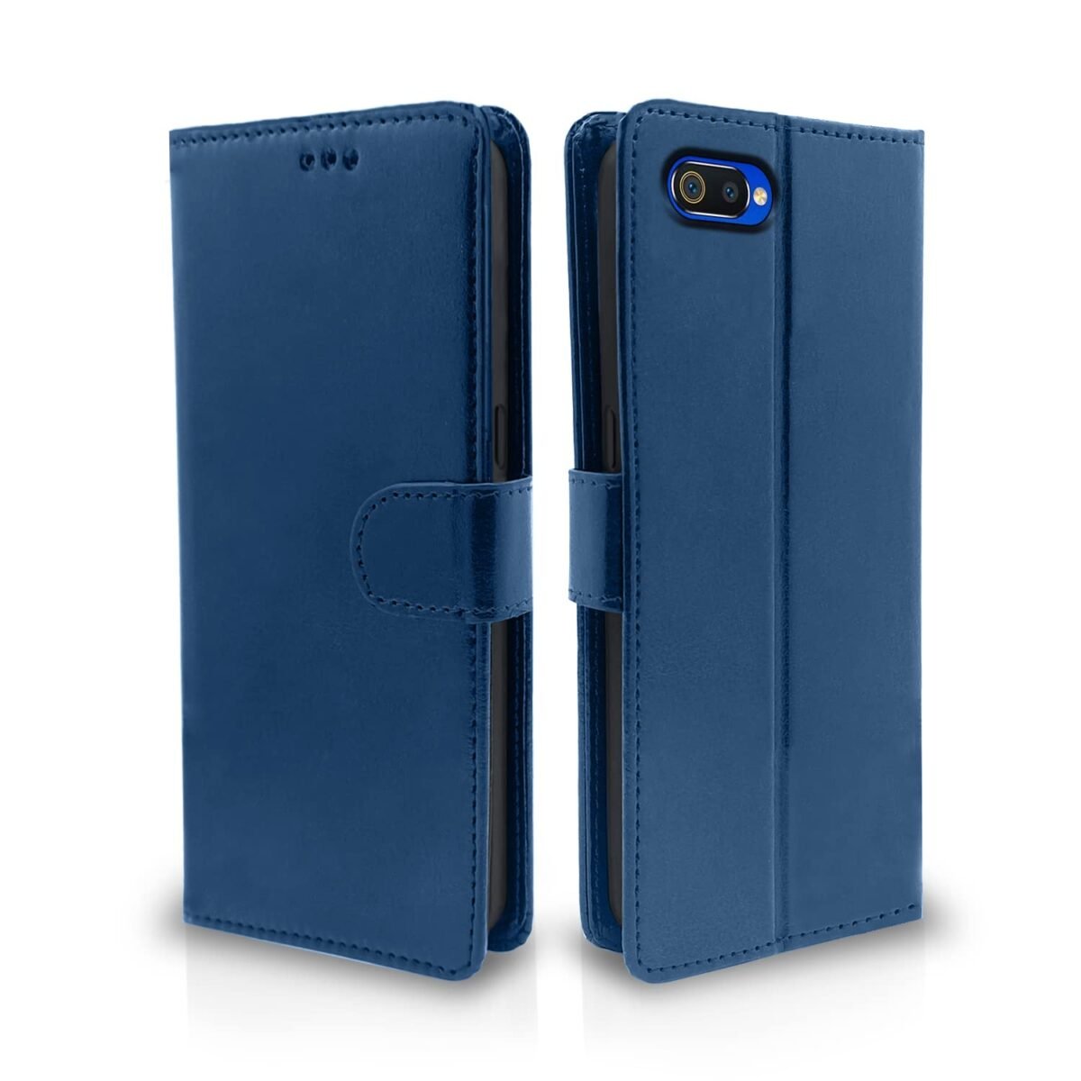 Realme C2 Flip Case Leather Finish | Inside TPU with Card Pockets | Wallet Stand and Shock Proof | Magnetic Closing | Complete Protection Flip Cover for Realme C2 (Blue)