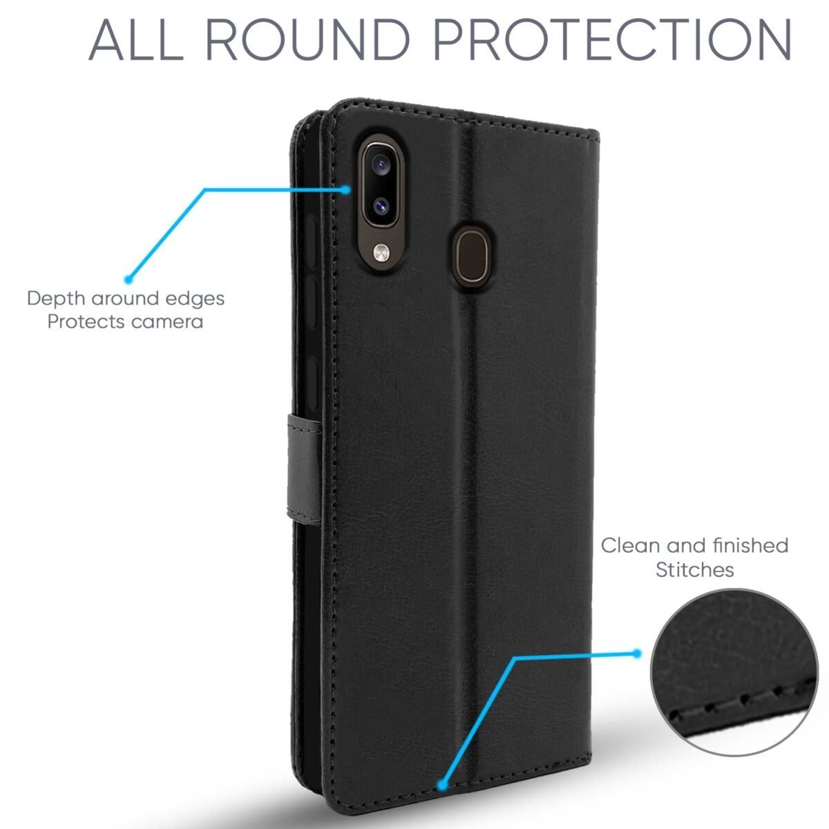 Samsung Galaxy A30 / A20 / M10s Flip Case Leather Finish | Inside TPU with Card Pockets | Wallet Stand and Shock Proof | Magnetic Closing | Complete Protection Flip Cover (Black)