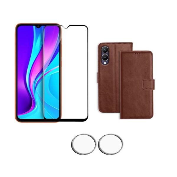 3 in 1 Combo Pack for Vivo Y28 5G – Flip Brown (Back Cover + Camera Lens Protector + Tempered Glass)