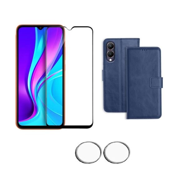 3 in 1 Combo Pack for Vivo Y28 5G – Flip Blue (Back Cover + Camera Lens Protector + Tempered Glass)