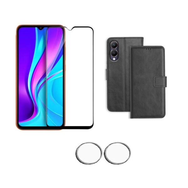 3 in 1 Combo Pack for Vivo Y28 5G – Flip Black (Back Cover + Camera Lens Protector + Tempered Glass)