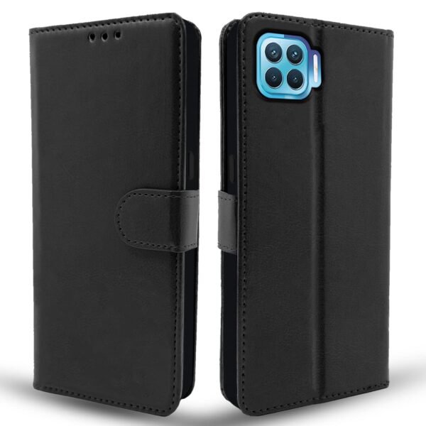 Oppo F17 Pro Flip Case Leather Finish | Inside TPU with Card Pockets | Wallet Stand and Shock Proof | Magnetic Closing | Complete Protection Flip Cover for Oppo F17 Pro (Black)