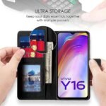 Shock Proof Flip Cover Back Case Cover for Vivo Y16 | Vivo Y56 | Vivo T2X (Flexible | Leather Finish | Card Pockets Wallet & Stand | Black)
