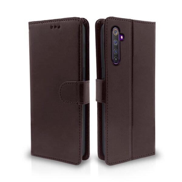 Realme 6 Pro Flip Case Leather Finish | Inside TPU with Card Pockets | Wallet Stand and Shock Proof | Magnetic Closing | Complete Protection Flip Cover for Realme 6 Pro (Coffee)