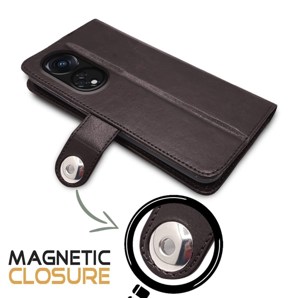 Oppo Reno 8T 5G Flip Cover Leather Finish | Inside TPU with Card Pockets | Wallet Stand and Shock Proof | Complete Protection Button Flip Case (Coffee)