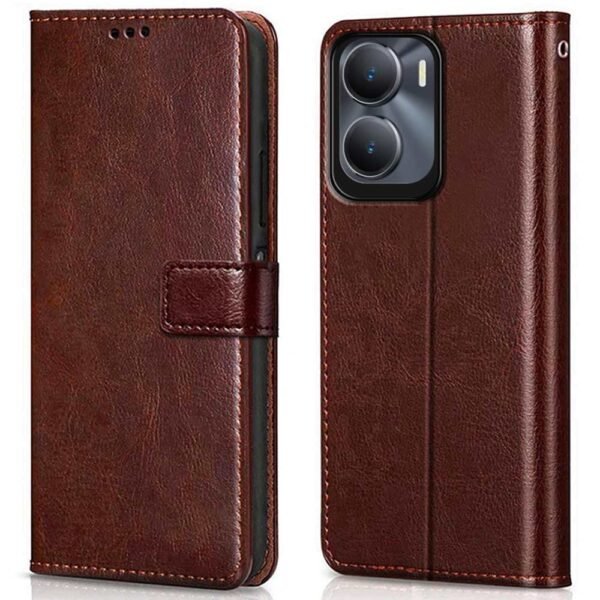 Shock Proof Flip Cover Back Case Cover for Vivo Y16 | Vivo Y56 | Vivo T2X (Flexible | Leather Finish | Card Pockets Wallet & Stand | Chestnut Brown)