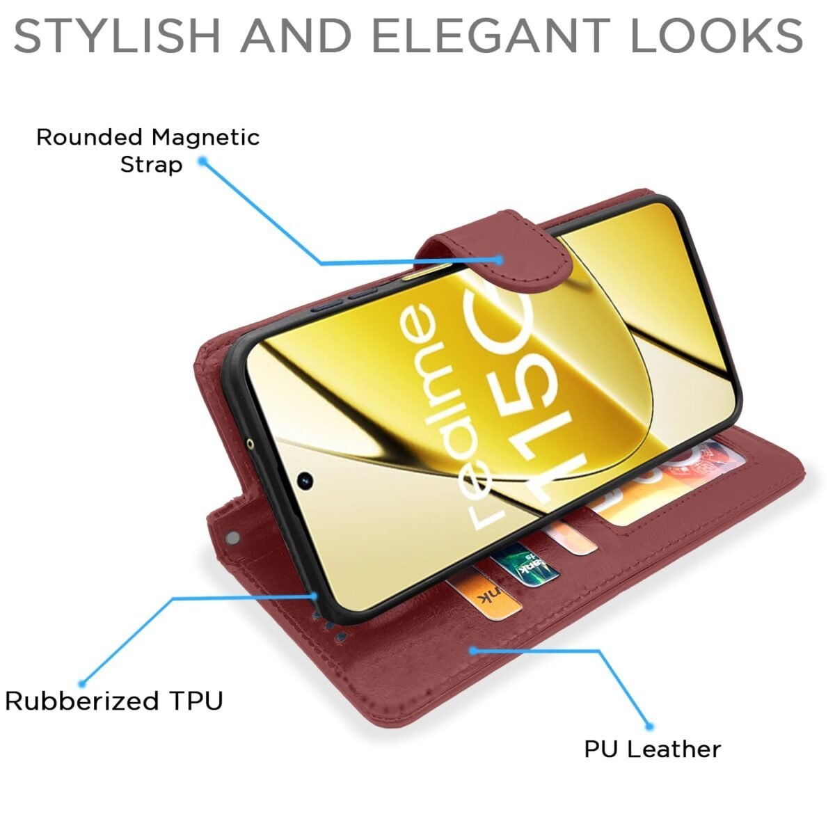Realme 11 / 11X 5G / Narzo 60X 5G Flip Cover Leather Finish | Inside TPU with Card Pockets | Wallet Stand and Shock Proof | Complete Protection Flip Case (Brown)