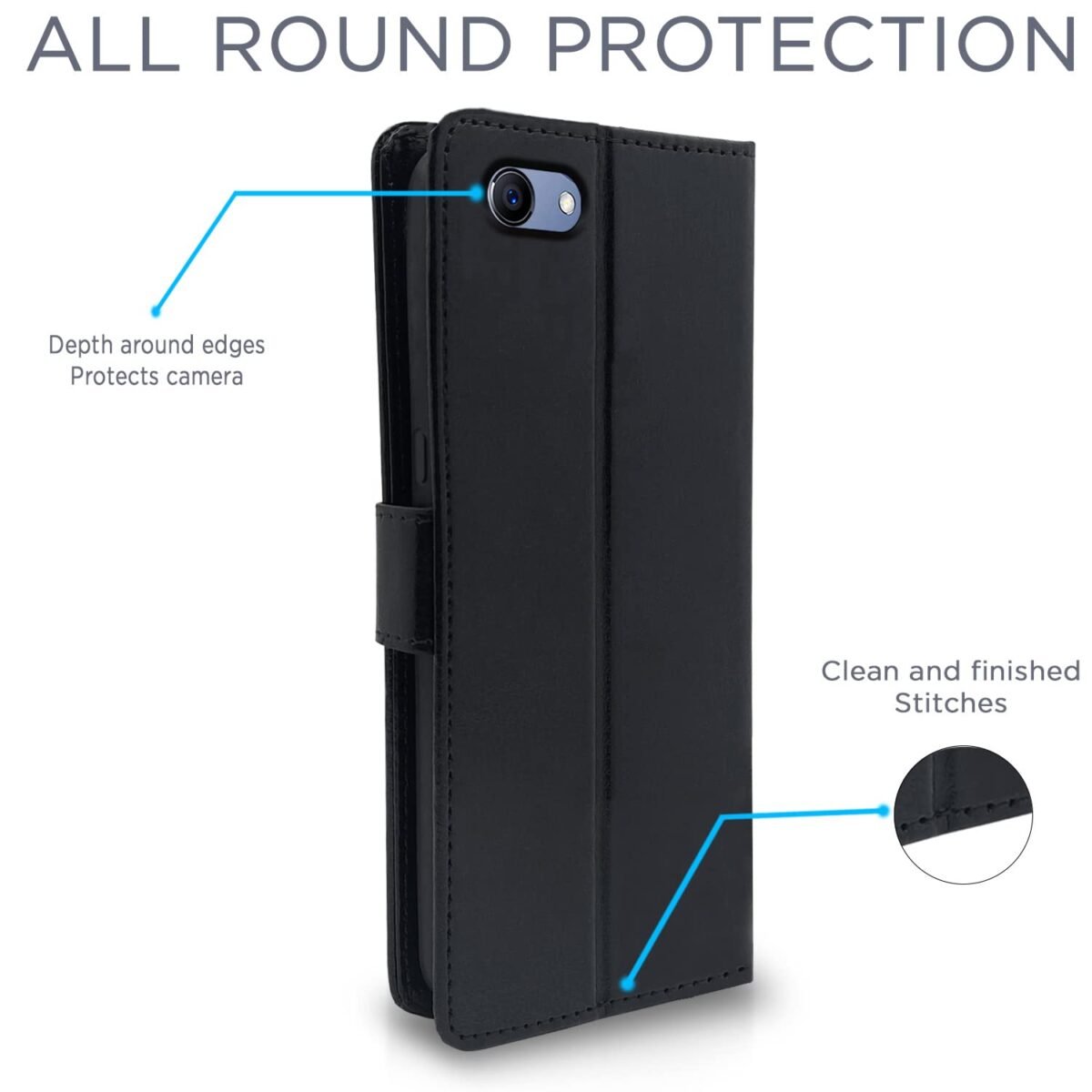 Realme 1 Flip Case Leather Finish | Inside TPU with Card Pockets | Wallet Stand and Shock Proof | Magnetic Closing | Complete Protection Flip Cover for Realme 1 (Black)