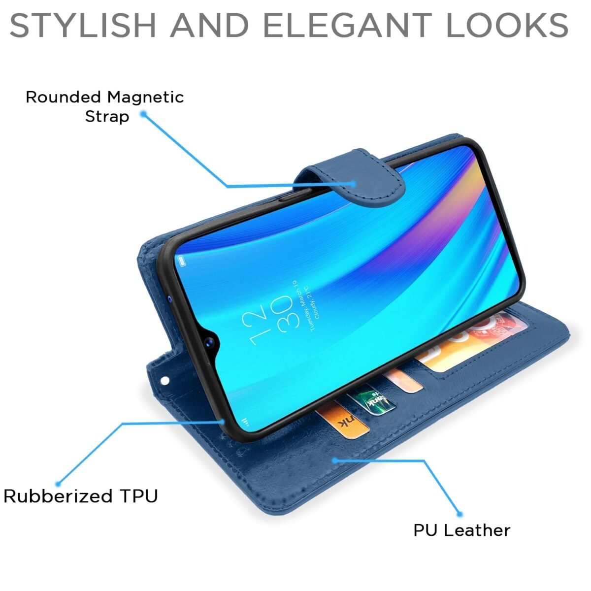 Realme 3 Pro Flip Cover Leather Finish | Inside TPU with Card Pockets | Wallet Stand and Shock Proof | Complete Protection Flip Case (Blue)